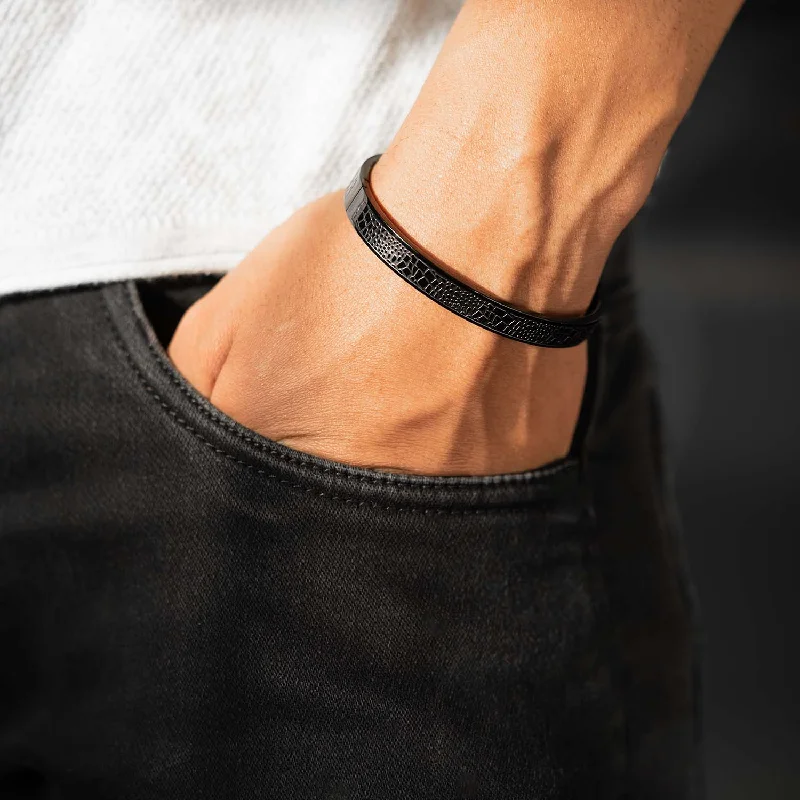 Men's Leather Cuff Bracelets with Engraving-Leather Black Bracelet