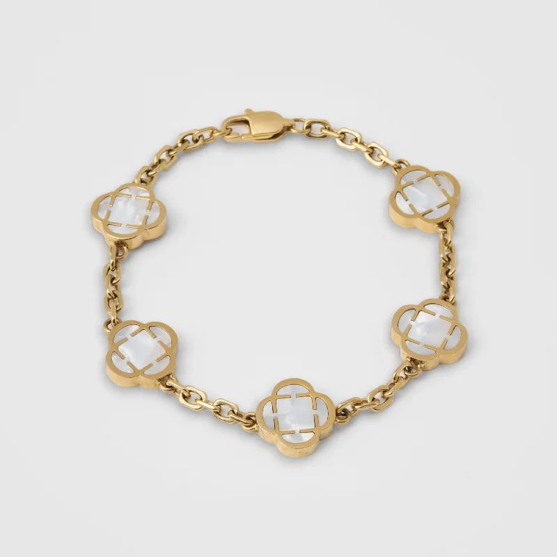 Gold-Plated Beaded Bracelets for Men-White Clover Stone Bracelet (Gold)