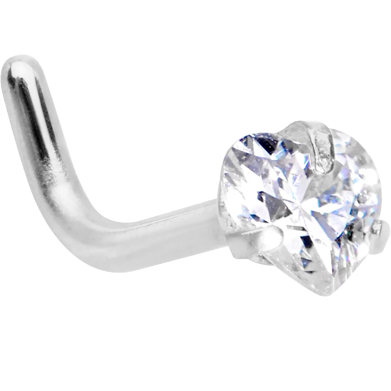 Fancy Nose Rings -18 Gauge 1/4 Clear Heart 3mm CZ Gem Steel L-Shape Nose Ring