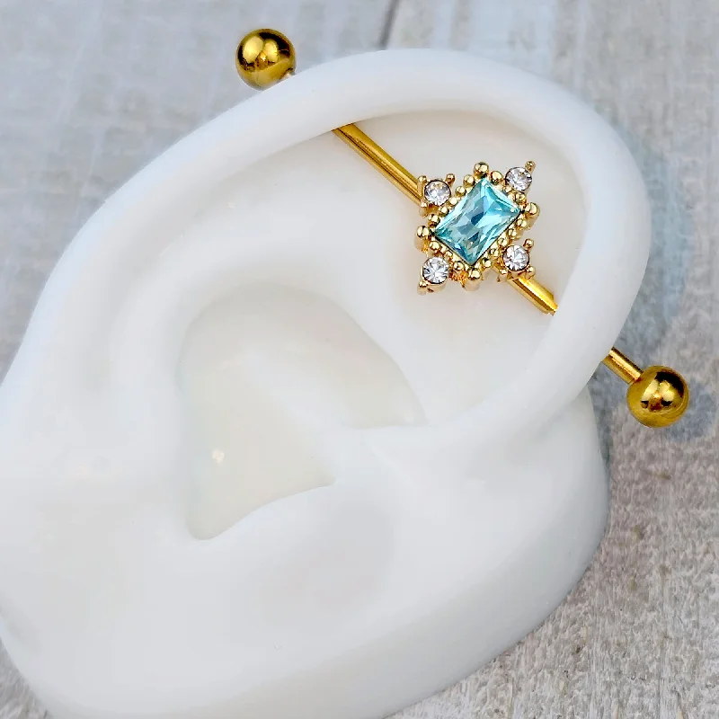 Women's Earrings – Elegant Designs for Every Personality--14 Gauge Blue Clear Gem Gold Tone Regal Seal Industrial Barbell 38mm