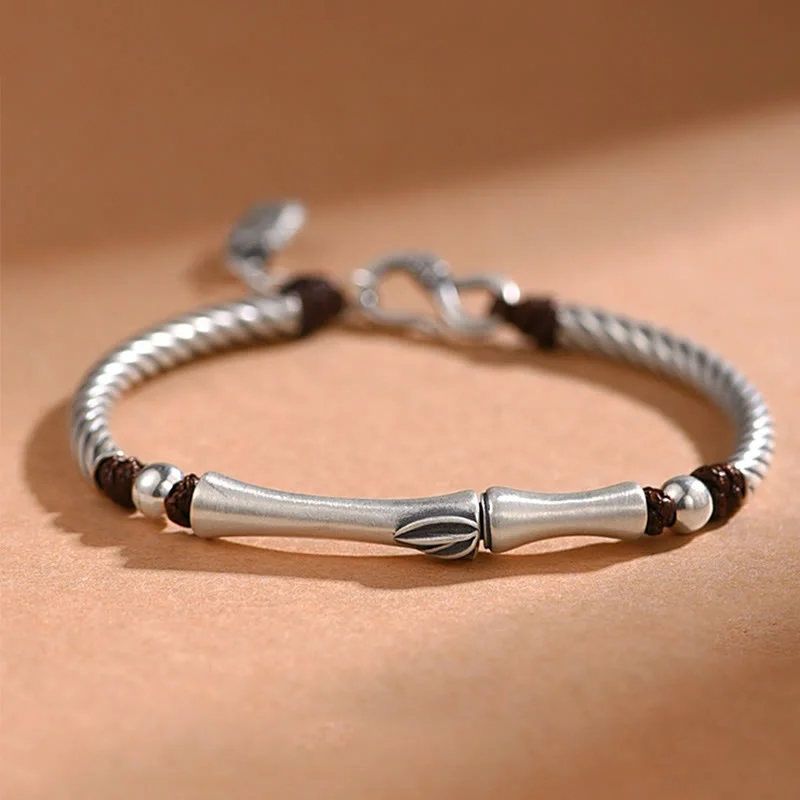 Beaded Bangles for Women-Buddha Stones 999 Sterling Silver Bamboo Pattern Cicada Luck Wealth Bracelet Beaded Bangles for Women-Buddha Stones 999 Sterling Silver Bamboo Pattern Cicada Luck Wealth Bracelet