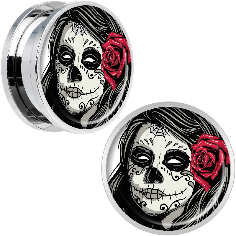 Women's Earrings – Elegant Designs for Every Personality--Katrina Sugar Skull with Rose Flower Steel Screw Fit Plug Set 20mm Women's Earrings – Elegant Designs for Every Personality--Katrina Sugar Skull with Rose Flower Steel Screw Fit Plug Set 20mm