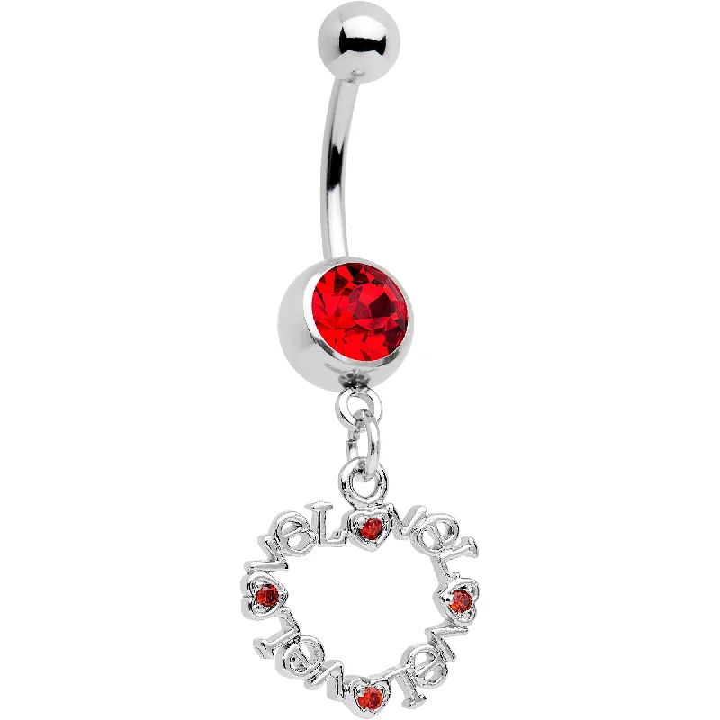 Silver Belly Rings for Elegant Appeal -Red CZ Gem Heart Made of Love Dangle Belly Ring Silver Belly Rings for Elegant Appeal -Red CZ Gem Heart Made of Love Dangle Belly Ring