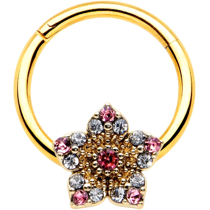 Women's Earrings – Elegant Designs for Every Personality--16 Gauge 3/8 Pink Clear Gem Gold Tone Texture Star Hinged Segment Ring