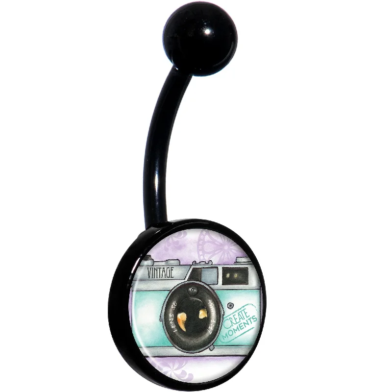 Trendy Belly Rings with Stylish Accents -Vintage Camera Black Belly Ring