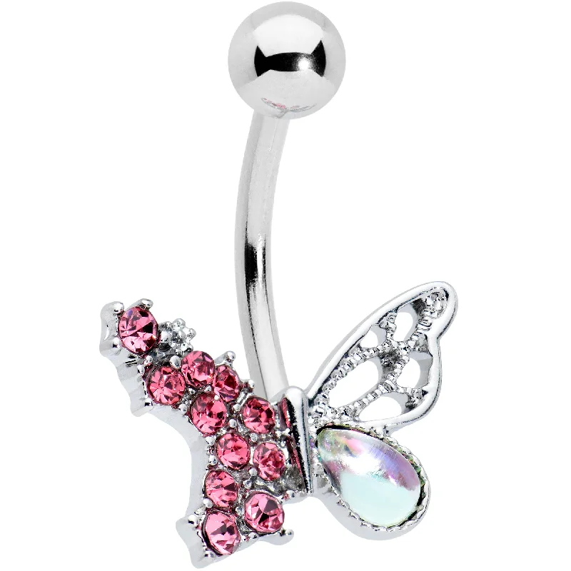 Trendy Belly Rings for Chic Look -Pink Aurora Gem Super Glam Butterfly Belly Ring
