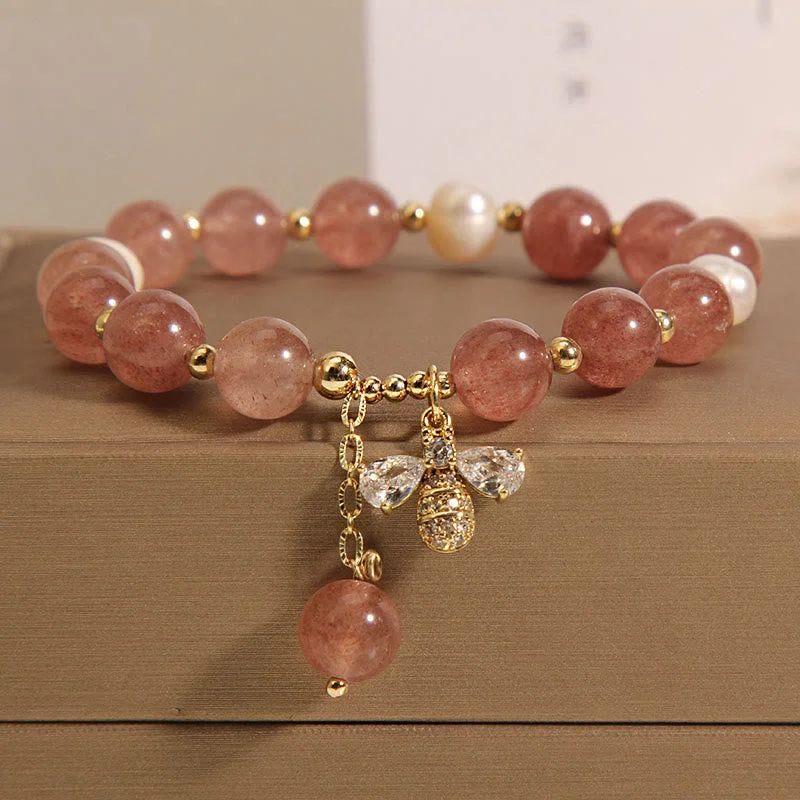 Modern Gold Bangles for Women-Buddha Stones Strawberry Quartz Pearl Cute Zircon Honeybee Positive Charm Bracelet Modern Gold Bangles for Women-Buddha Stones Strawberry Quartz Pearl Cute Zircon Honeybee Positive Charm Bracelet