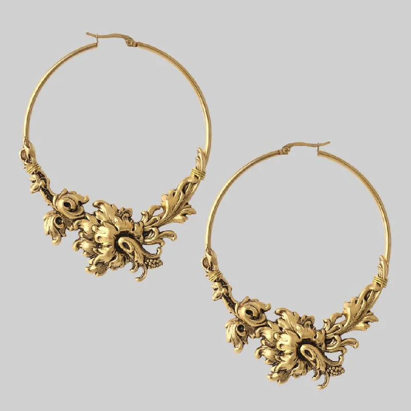 Women's Earrings – Elegant Designs for Every Personality--PARADISE. Ornate Floral Hoop Earrings - Gold Women's Earrings – Elegant Designs for Every Personality--PARADISE. Ornate Floral Hoop Earrings - Gold