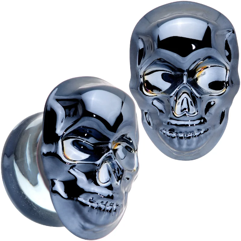 Women's Earrings – Elegant Designs for Every Personality--Dark Blue Glass Smiling Halloween Skull Double Flare Plug Set