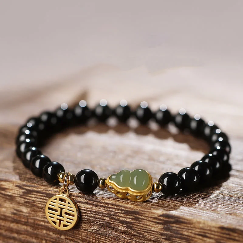 Men's Trendy Bracelets with Nature-inspired Charms-Buddha Stones Natural Black Obsidian Hetian Jade Gourd Double Happiness Strength Bracelet Men's Trendy Bracelets with Nature-inspired Charms-Buddha Stones Natural Black Obsidian Hetian Jade Gourd Double Happiness Strength Bracelet