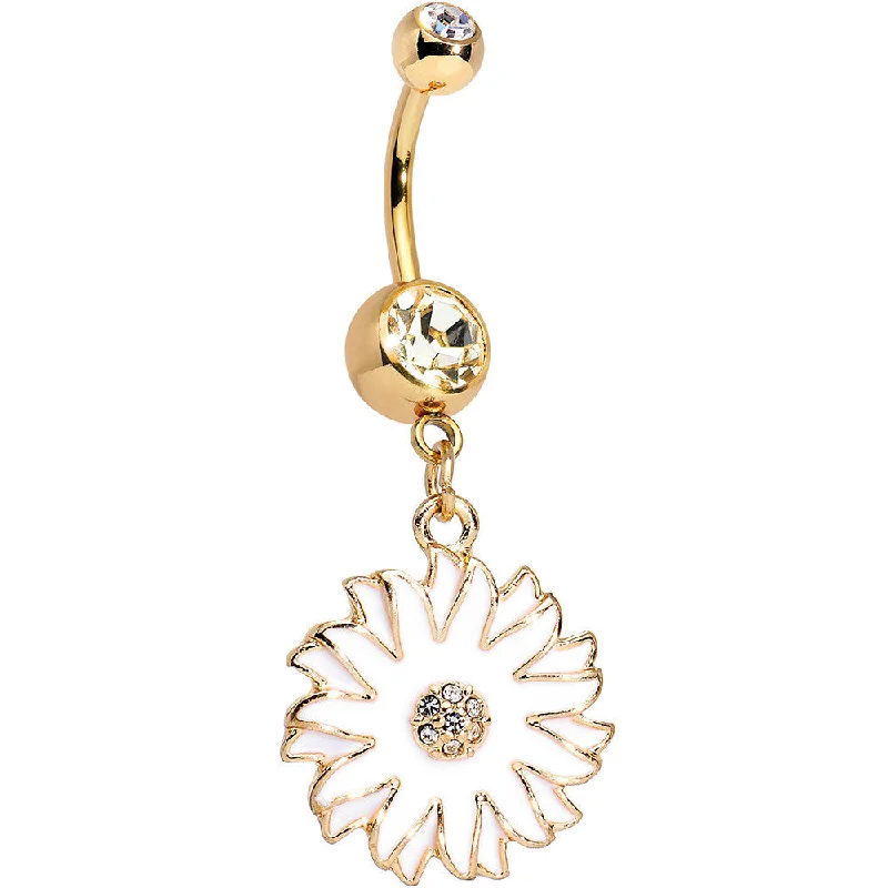 Comfortable Belly Rings for Chic and Stylish Fashion -Clear Gem Gold Anodized White Floating Flower Dangle Belly Ring Comfortable Belly Rings for Chic and Stylish Fashion -Clear Gem Gold Anodized White Floating Flower Dangle Belly Ring