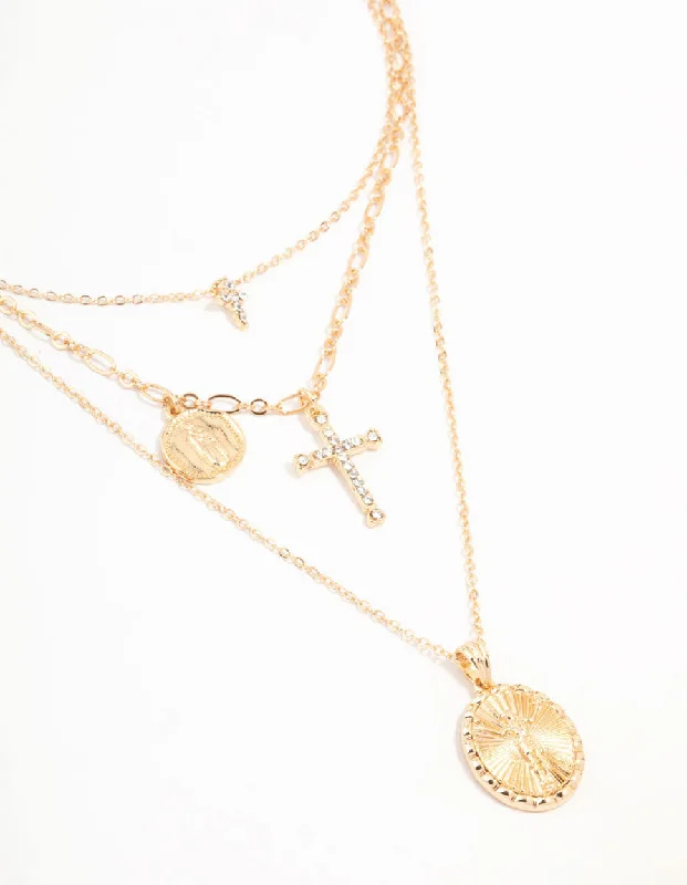 Shop Classic Women's Necklaces & Pendants with a Modern Twist-Gold Cross & Coin Layered Necklace Shop Classic Women's Necklaces & Pendants with a Modern Twist-Gold Cross & Coin Layered Necklace