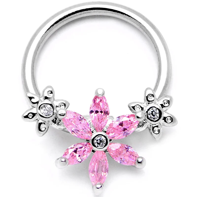 Comfortable Lip Rings for Active Lifestyle16 Gauge 3/8 Pink CZ Gem Flower BCR Captive Ring