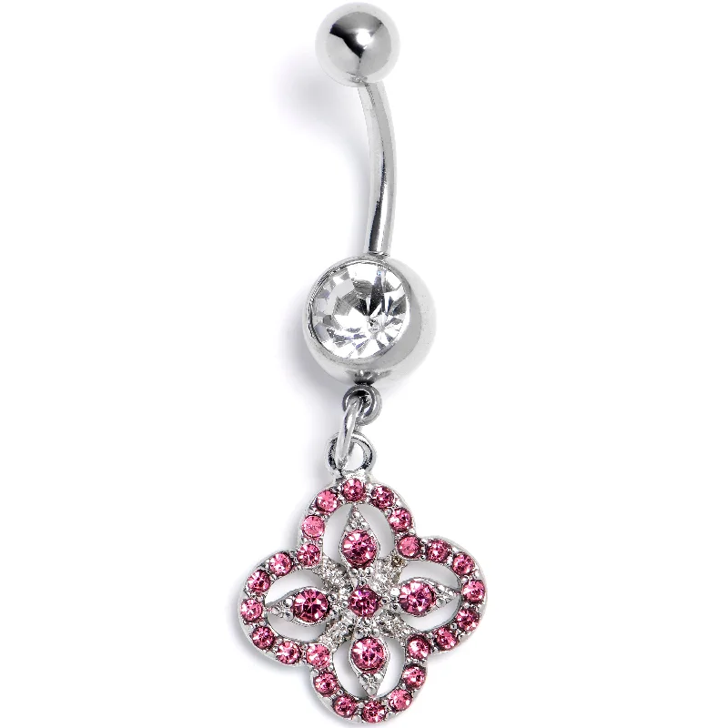 Trendy Belly Rings for Fashion Enthusiasts -Clear Pink Gem Curved Cross Dangle Belly Ring Trendy Belly Rings for Fashion Enthusiasts -Clear Pink Gem Curved Cross Dangle Belly Ring