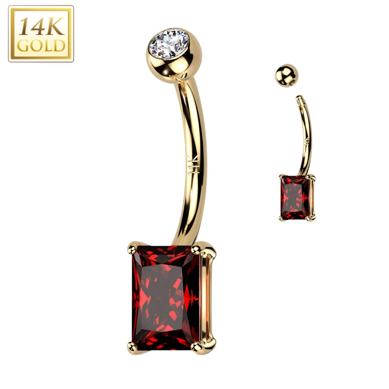 Trendy Belly Rings for Everyday Fashion -14kt Yellow Gold 6mm Red Princess Cubic Zirconia Belly Ring Trendy Belly Rings for Everyday Fashion -14kt Yellow Gold 6mm Red Princess Cubic Zirconia Belly Ring