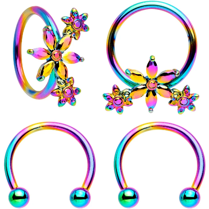 Comfortable Lip Rings for Timeless Style16 Gauge 3/8 Rainbow Flower Power Horseshoe BCR Captive Ring Set
