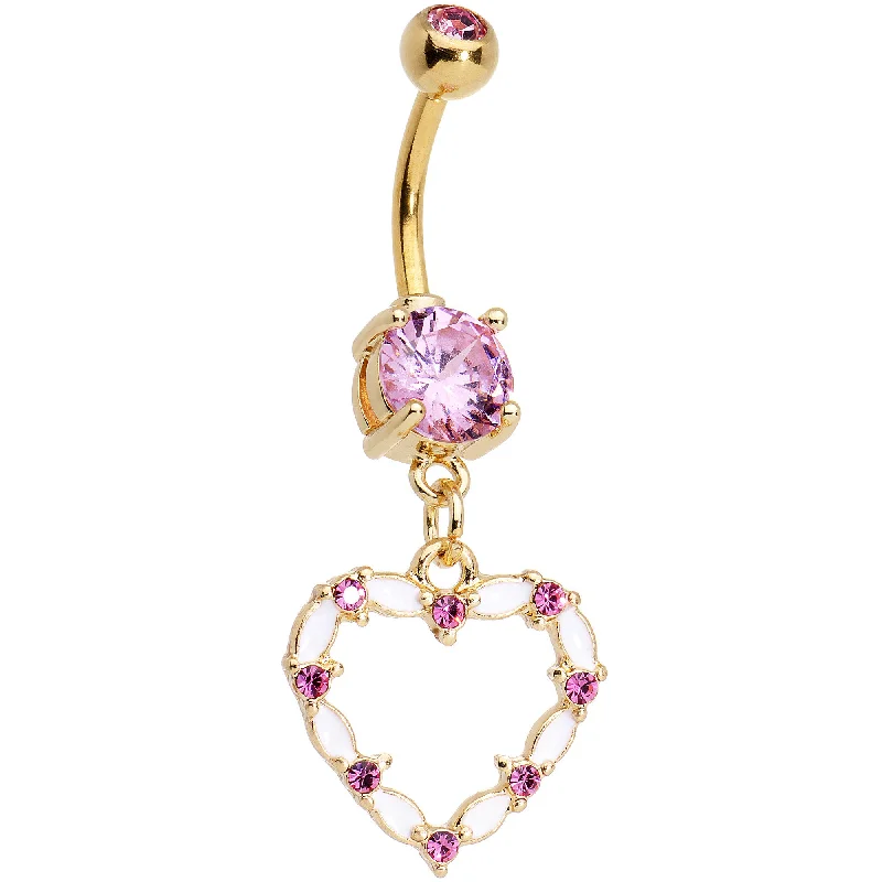 Stylish Belly Rings with Creative Detailing -Pink Gem Gold Anodized White Whole Heart Dangle Belly Ring Stylish Belly Rings with Creative Detailing -Pink Gem Gold Anodized White Whole Heart Dangle Belly Ring