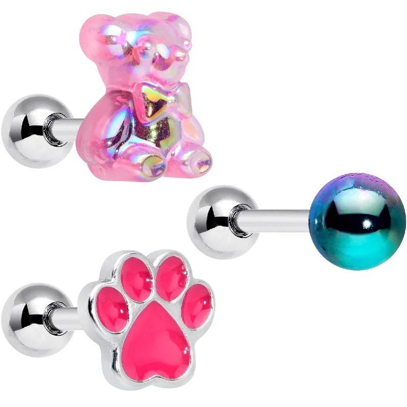 Women's Earrings – Elegant Designs for Every Personality--16 Gauge 1/4 Bear Pearlescent Pink Paw Cartilage Earring Curation Set of 3 Women's Earrings – Elegant Designs for Every Personality--16 Gauge 1/4 Bear Pearlescent Pink Paw Cartilage Earring Curation Set of 3