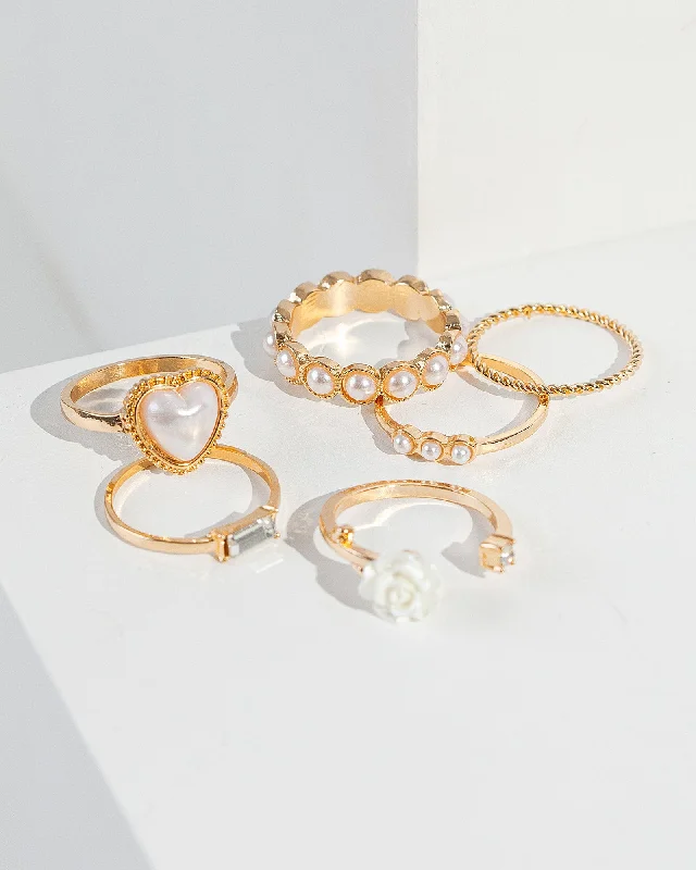 Chic Women's Rings for Fashion-Forward Looks-White Pearl Heart Rose Ring Pack