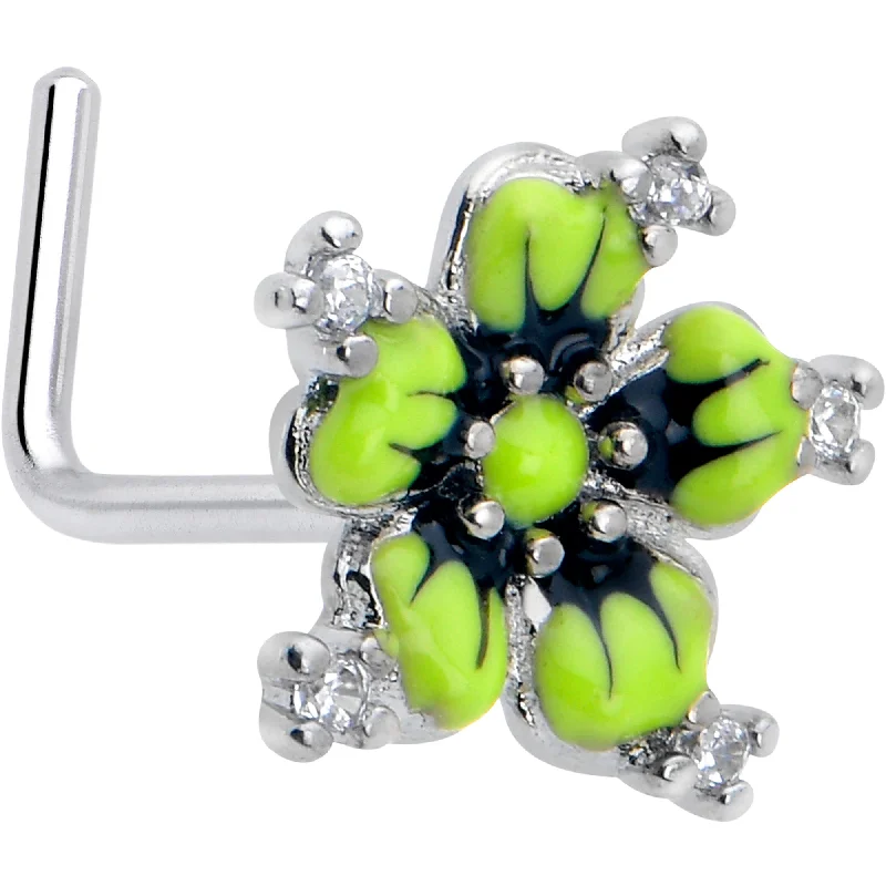 Unique Nose Rings -20 Gauge 7mm Clear CZ Gem Go Green Flower L Shape Nose Ring