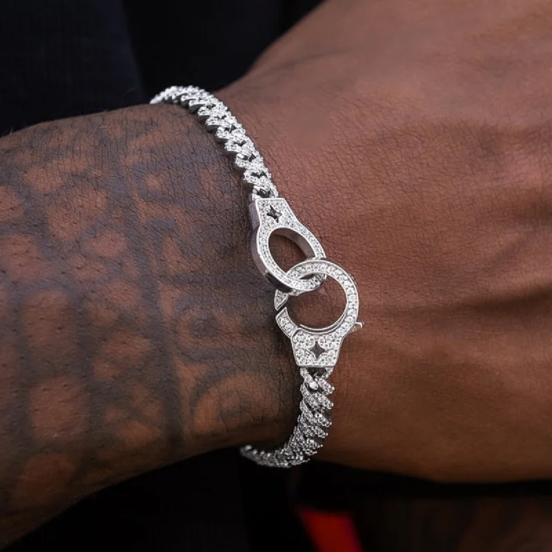 Custom Bracelets for Men-Iced Handcuff Diamond Prong Cuban Bracelet in White Gold