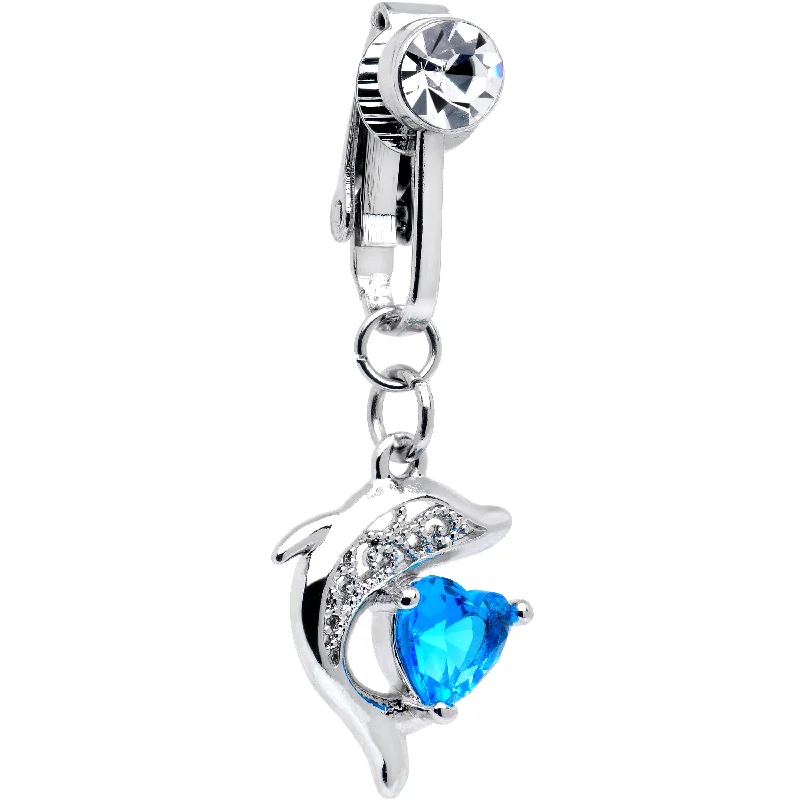 Trendy Belly Rings for Glamorous Looks -Clear Blue CZ Gem Dolphin Glam Dangle Clip on Fake Belly Ring Trendy Belly Rings for Glamorous Looks -Clear Blue CZ Gem Dolphin Glam Dangle Clip on Fake Belly Ring