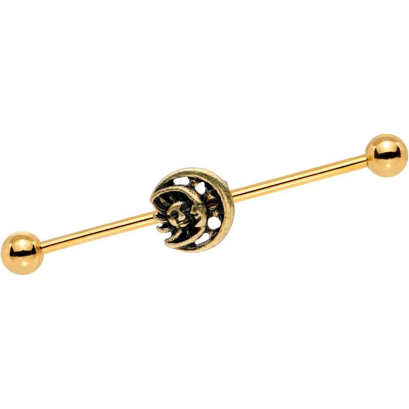 Women's Earrings – Elegant Designs for Every Personality--Gold PVD Sun of the Moon Industrial Barbell 38mm Women's Earrings – Elegant Designs for Every Personality--Gold PVD Sun of the Moon Industrial Barbell 38mm