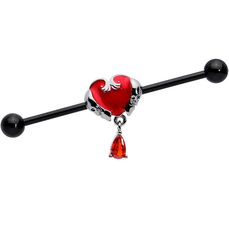 Women's Earrings – Elegant Designs for Every Personality--14 Gauge Red CZ Gem Black Duo Skull Heart Dangle Industrial Barbell 38mm