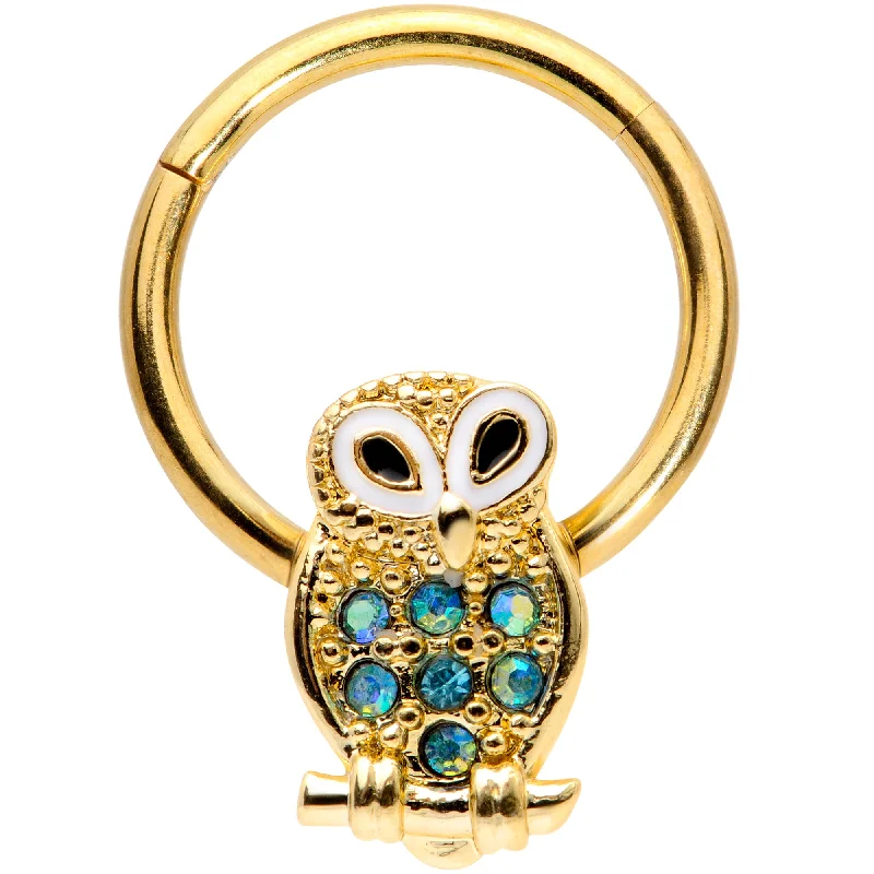 Vintage Style Nose Rings -16 Gauge 3/8 Aqua Gem Gold Tone Barn Owl Hinged Segment Ring Vintage Style Nose Rings -16 Gauge 3/8 Aqua Gem Gold Tone Barn Owl Hinged Segment Ring