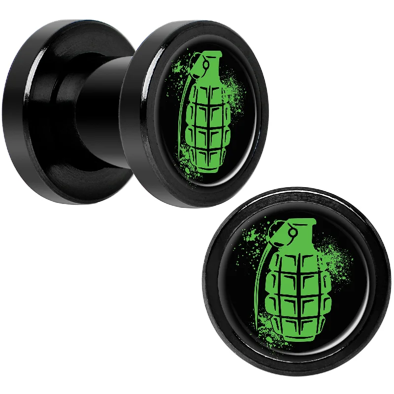 Women's Earrings – Elegant Designs for Every Personality--Green Grenade Black Anodized Screw Fit Plug Set 2 Gauge Women's Earrings – Elegant Designs for Every Personality--Green Grenade Black Anodized Screw Fit Plug Set 2 Gauge