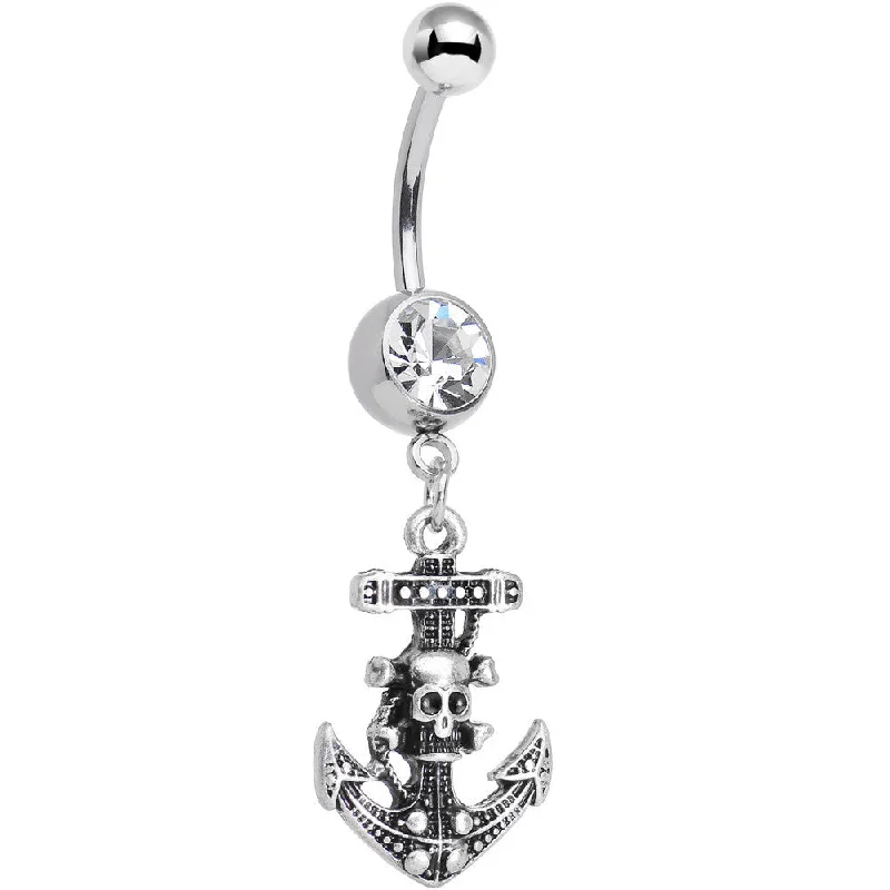 Unique Belly Rings with Stunning Accents -Clear Gem Nautical Anchor and Skull Dangle Belly Ring Unique Belly Rings with Stunning Accents -Clear Gem Nautical Anchor and Skull Dangle Belly Ring
