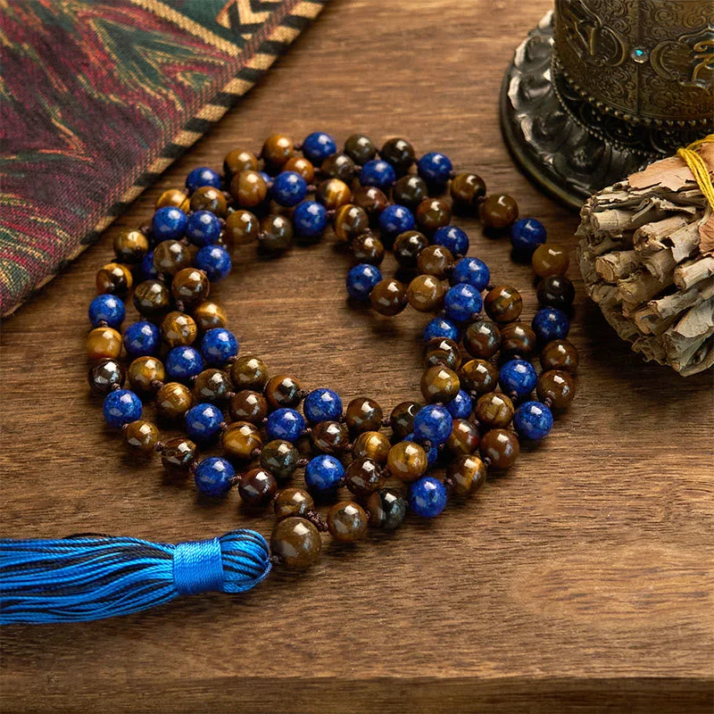 Men's Engraved Bracelets for Special Occasions-Buddha Stones 108 Beads Natural Stone Tiger Eye Lazurite Mala Tassel Protection Bracelet Men's Engraved Bracelets for Special Occasions-Buddha Stones 108 Beads Natural Stone Tiger Eye Lazurite Mala Tassel Protection Bracelet