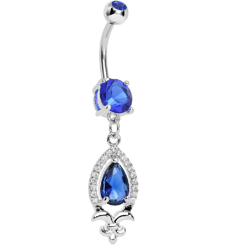 Belly Rings with Heart-Shaped Designs -Blue Gem Brilliant Budding Fleur De Lis Dangle Belly Ring Belly Rings with Heart-Shaped Designs -Blue Gem Brilliant Budding Fleur De Lis Dangle Belly Ring