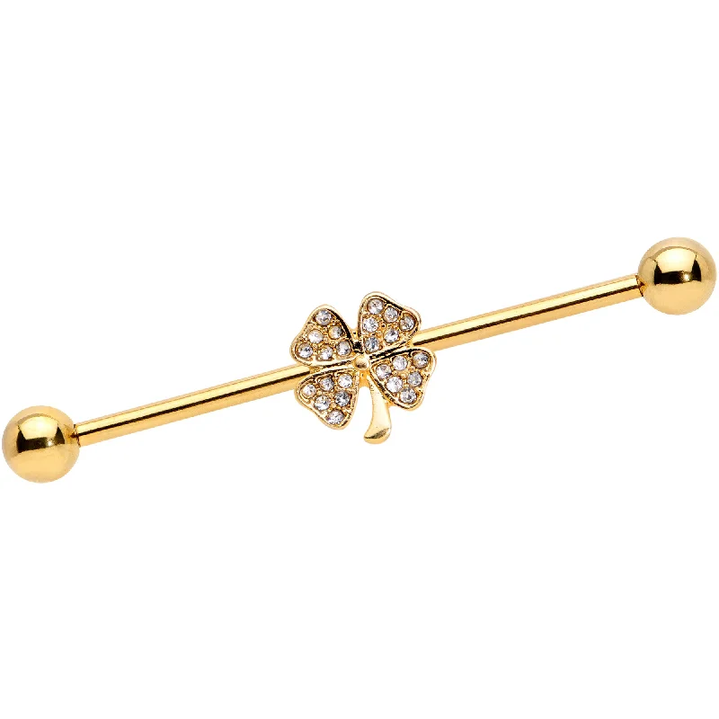 Women's Earrings – Elegant Designs for Every Personality--14 Gauge Clear Gem Gold Tone Shamrock Industrial Barbell 38mm