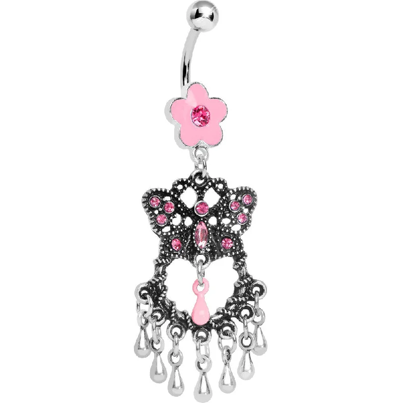 Unique Belly Rings with Artistic Shapes -Pink Gem Butterfly Chandelier Belly Ring