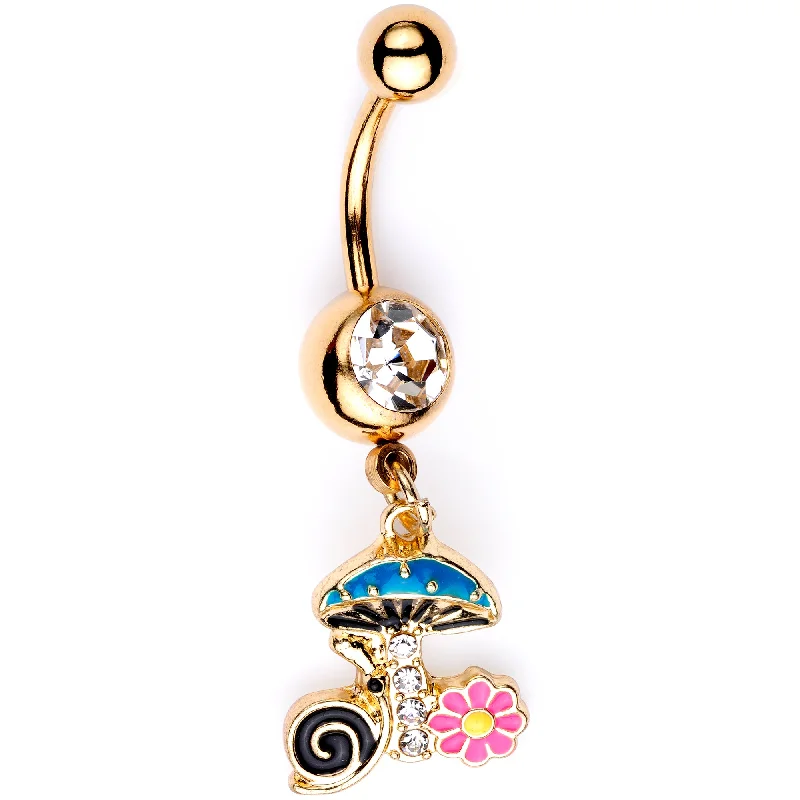 Comfortable Belly Rings with Stylish Accents -Clear Gem Gold Tone Snail Flower Magic Mushroom Dangle Belly Ring Comfortable Belly Rings with Stylish Accents -Clear Gem Gold Tone Snail Flower Magic Mushroom Dangle Belly Ring