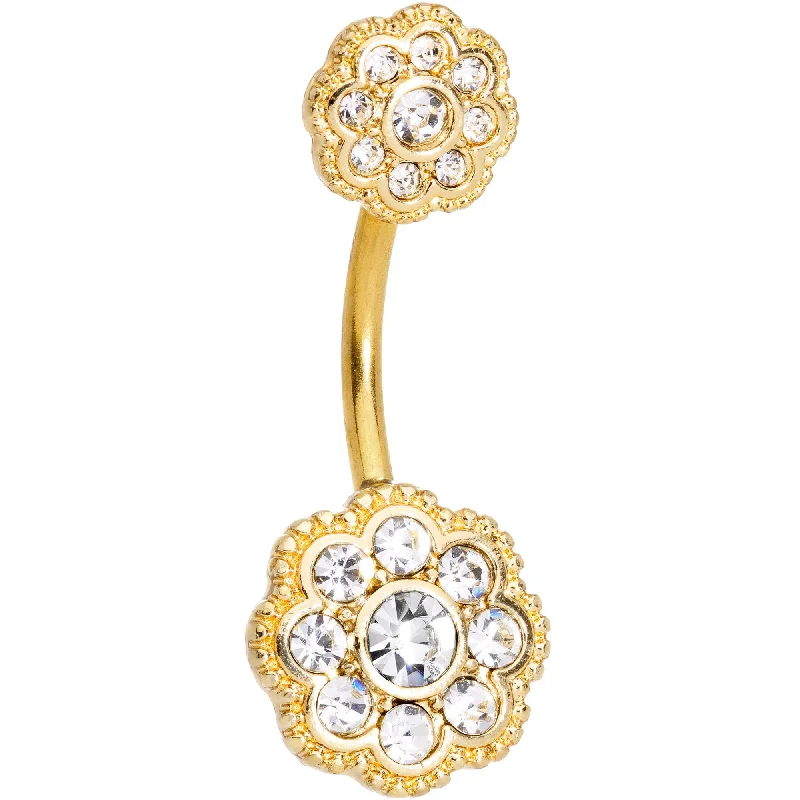 Beautiful Belly Rings with Elegant Touch -Clear CZ Gem Gold Tone Art Deco Flower Double Mount Belly Ring Beautiful Belly Rings with Elegant Touch -Clear CZ Gem Gold Tone Art Deco Flower Double Mount Belly Ring