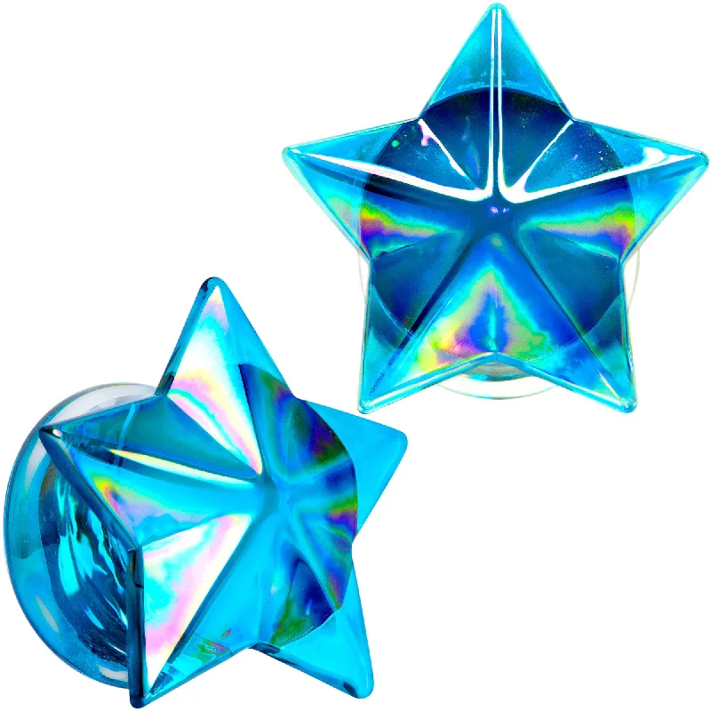 Women's Earrings – Elegant Designs for Every Personality--2 Gauge Blue Aurora Glass Faceted Star Double Flare Plug Set 6mm to 16mm Sizes