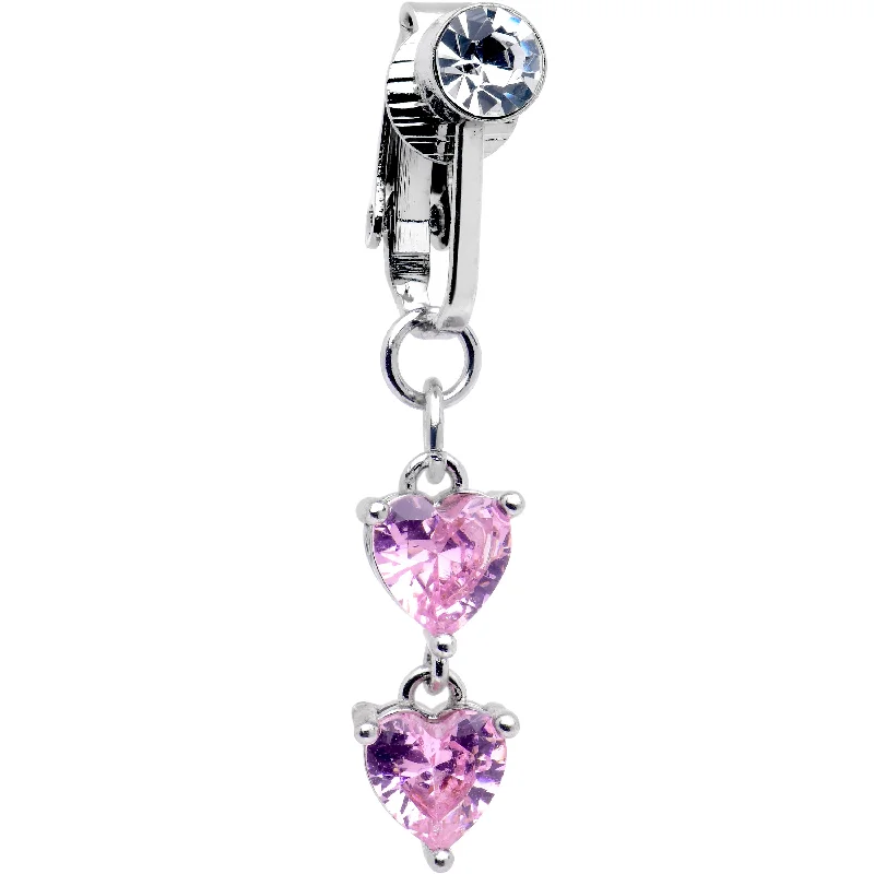 Trendy Belly Rings for Exclusive Looks -Pink CZ Gem Hearts Dangle Clip on Fake Belly Ring Trendy Belly Rings for Exclusive Looks -Pink CZ Gem Hearts Dangle Clip on Fake Belly Ring
