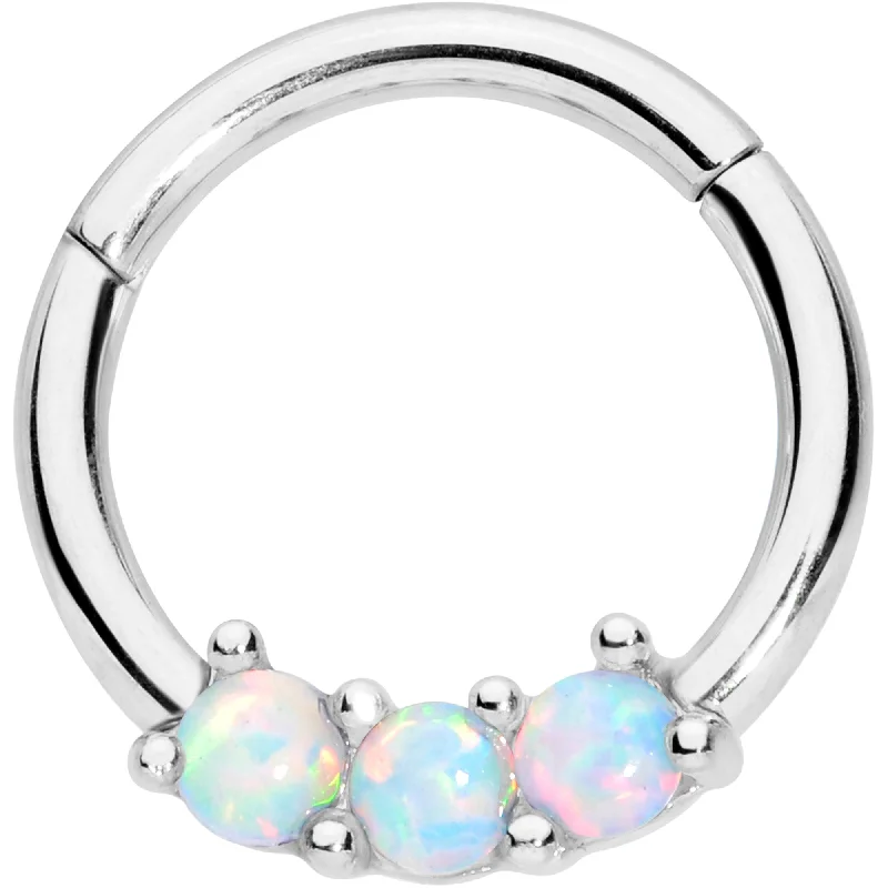 Fashionable Nose Rings with Luxurious Appeal -16 Gauge 5/16 White Synthetic Opal Trio Hinged Segment Ring Fashionable Nose Rings with Luxurious Appeal -16 Gauge 5/16 White Synthetic Opal Trio Hinged Segment Ring