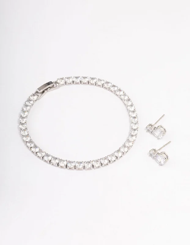 Luxury Silver Bangles for Women-Silver Cubic Zirconia Round Graduating Earrings & Tennis Bracelet Set Luxury Silver Bangles for Women-Silver Cubic Zirconia Round Graduating Earrings & Tennis Bracelet Set
