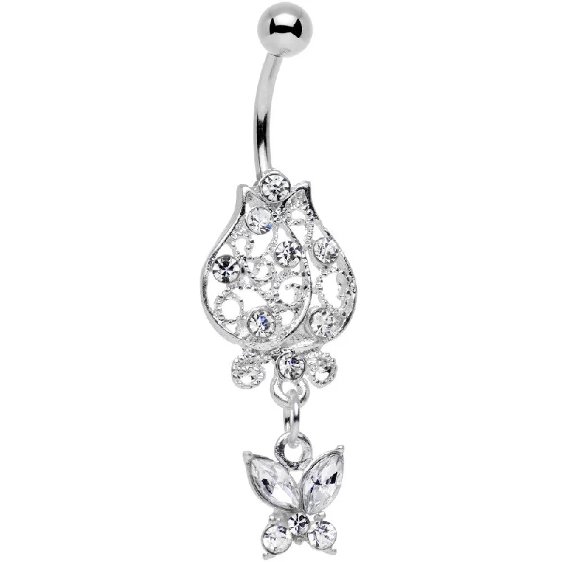 Trendy Belly Rings for Modern Fashionistas -Clear Gem Framework Flower Butterfly Dangle Belly Ring Trendy Belly Rings for Modern Fashionistas -Clear Gem Framework Flower Butterfly Dangle Belly Ring