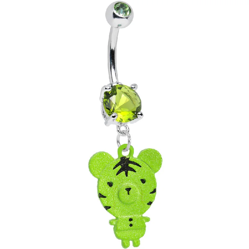 Designer Belly Rings for Bold Fashion -Green Gem Green Neon Adorable Baby Tiger Dangle Belly Ring Designer Belly Rings for Bold Fashion -Green Gem Green Neon Adorable Baby Tiger Dangle Belly Ring