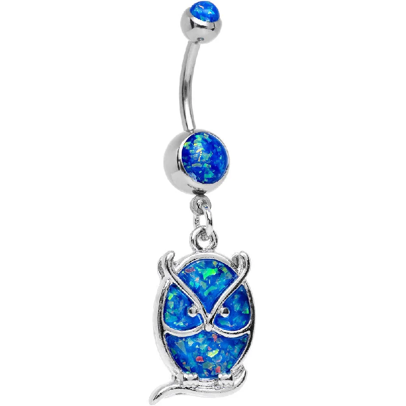 Beautiful Belly Rings with Gorgeous Shine -Blue Imitation Opal Wise Owl Dangle Belly Ring Beautiful Belly Rings with Gorgeous Shine -Blue Imitation Opal Wise Owl Dangle Belly Ring