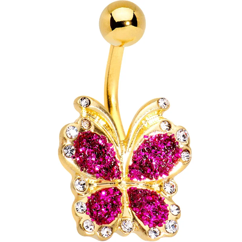 Belly Rings with Vibrant Gemstone Colors -Clear Gem Gold Tone Anodized Pink Sparkle Butterfly Belly Ring Belly Rings with Vibrant Gemstone Colors -Clear Gem Gold Tone Anodized Pink Sparkle Butterfly Belly Ring