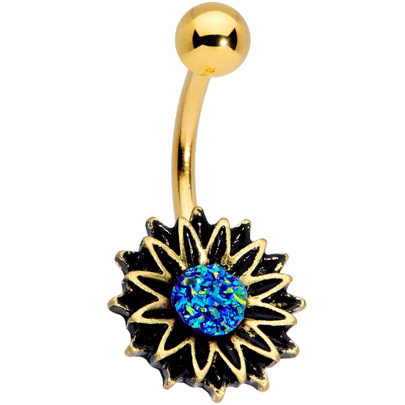 Elegant Belly Rings for Timeless Fashion -Gold Tone Aqua Center Sunburst Flower Belly Ring Elegant Belly Rings for Timeless Fashion -Gold Tone Aqua Center Sunburst Flower Belly Ring