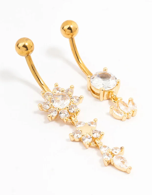 Stylish Belly Rings with Creative Detailing -Gold Plated Surgical Steel Flower Power Belly Bar 2-Pack Stylish Belly Rings with Creative Detailing -Gold Plated Surgical Steel Flower Power Belly Bar 2-Pack