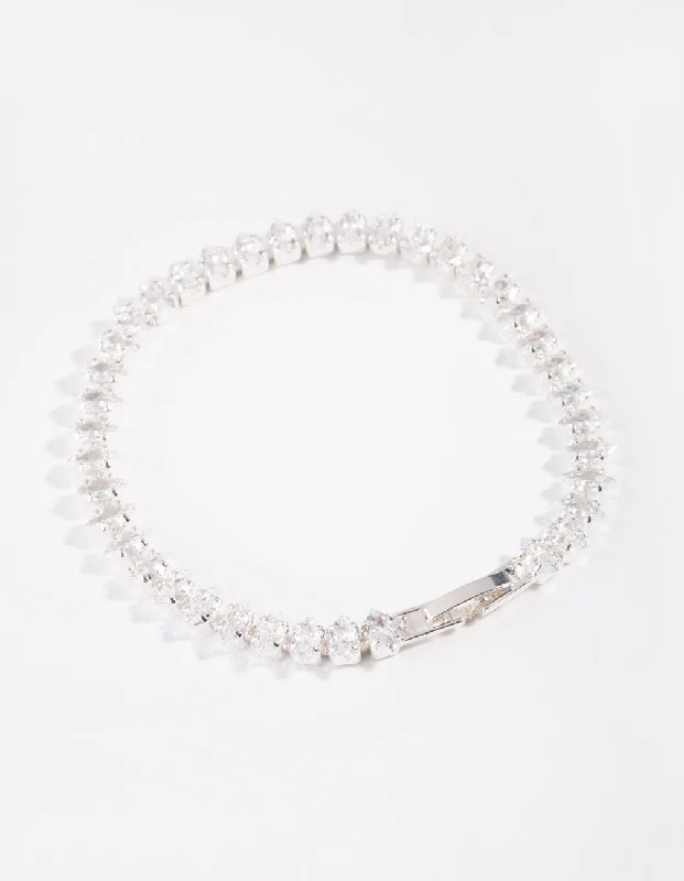 Silver and Crystal Bangles for Women-Silver Cubic Zirconia Navette Tennis Bracelet