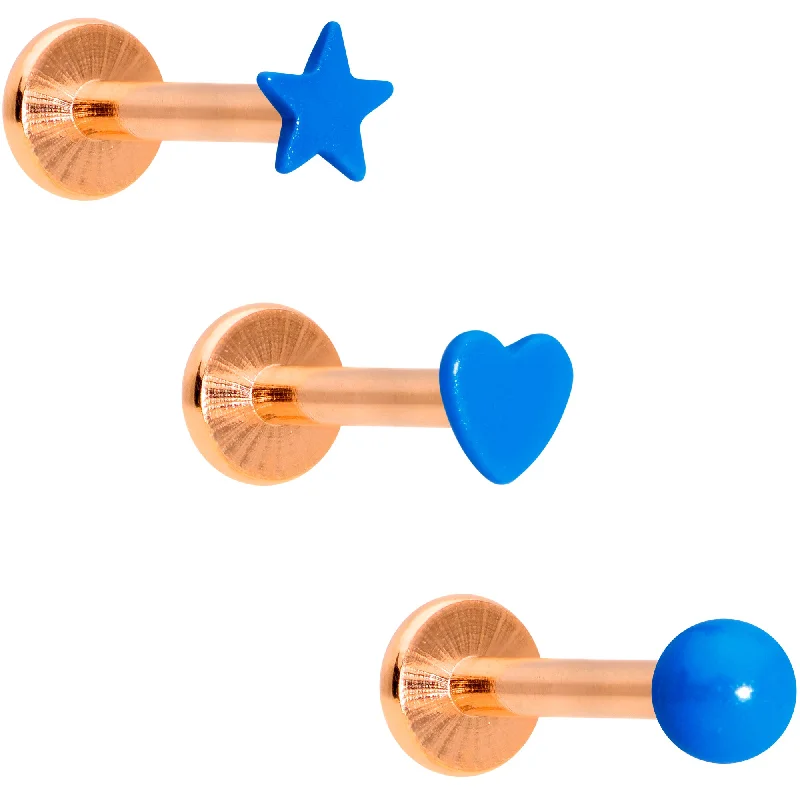 Comfortable and Stylish Lip Rings16 Gauge 5/16 Rose Gold Tone Blue Glow Star Heart Labret Set of 3