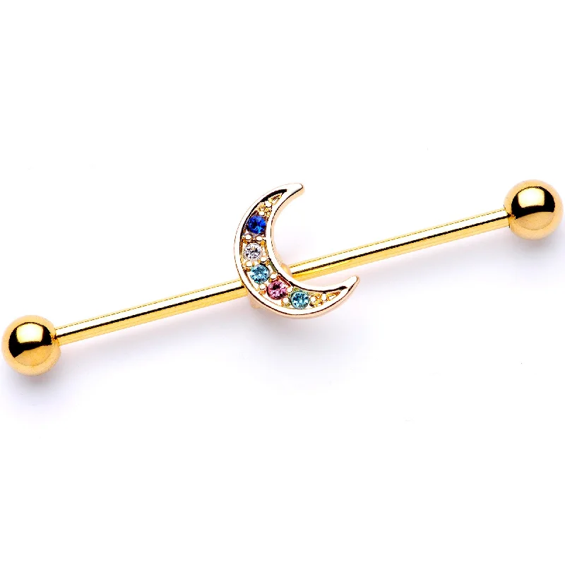 Women's Earrings – Elegant Designs for Every Personality--14 Gauge Multicolor Gem Gold Tone Moon Industrial Barbell 38mm